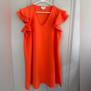 Mud Pie Bright Orange V-Neck Mini Dress with Ruffle Sleeves